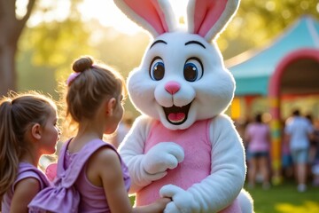 Easter Bunny Mascot with Children: Festive Park Celebration with Pastel Decorations and Springtime Joy