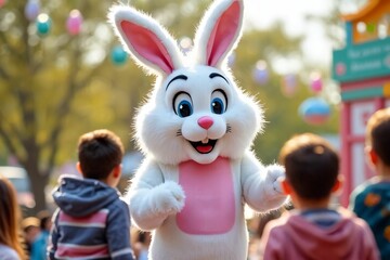 Easter Bunny Mascot with Children: Festive Park Celebration with Pastel Decorations and Springtime Joy