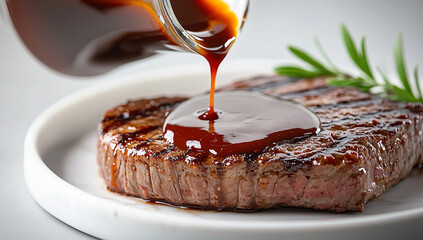 Juicy grilled steak being drizzled with savory sauce on a white plate with a garnish of herbs