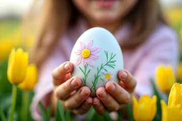 Close-Up of a Child Holding a Decorated Easter Egg: Spring Flowers and Festive Joy