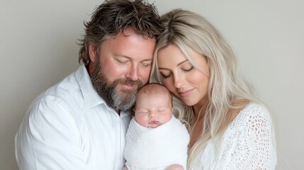 Fototapeta premium Loving mother and bearded father gently embrace their sleeping newborn baby wrapped in a white swaddle.