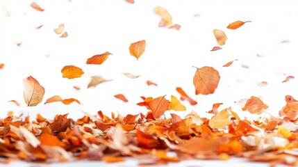 Obraz premium Colorful Autumn Leaves Falling Against Bright White Background