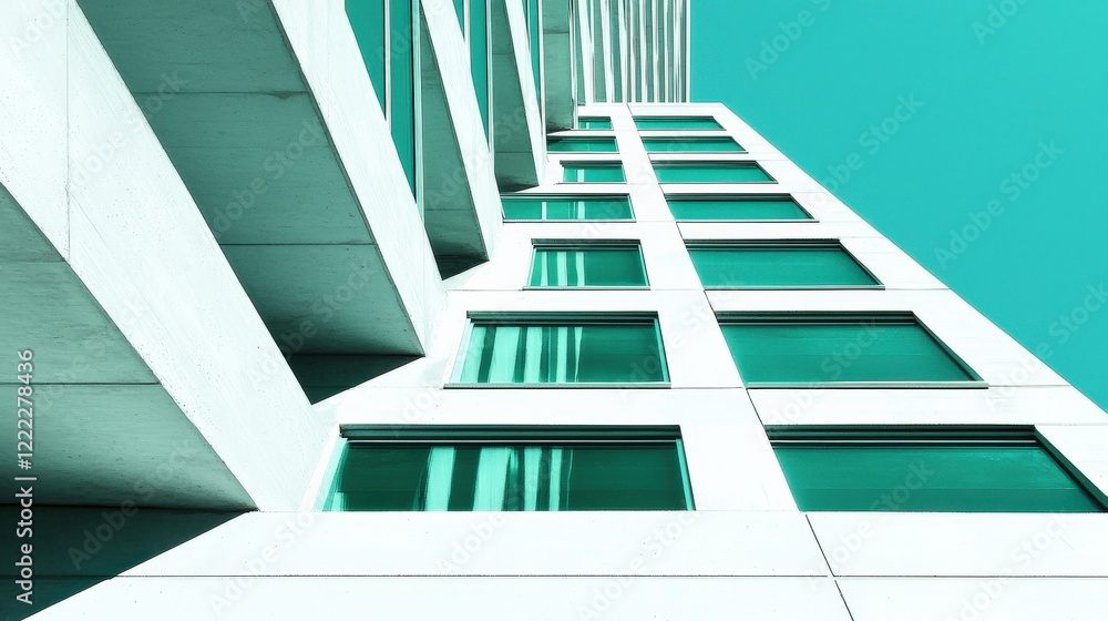 Poster modern architecture with vertical lines and geometric shapes featuring turquoise background and glas