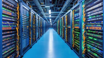 High-Tech Data Center With Rows of Servers and Colorful Lights