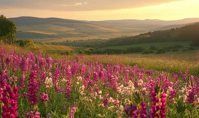 Fototapeta premium Wildflower meadow at sunset, rolling hills, rural landscape