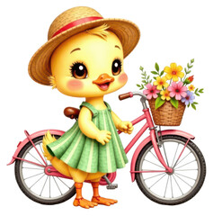 Fototapeta premium Adorable yellow duckling in a green dress and straw hat standing beside a pink bicycle with a basket of flowers. Perfect for spring designs, kids’ art, or cheerful outdoor themes