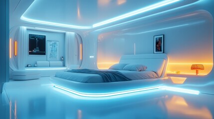 Fototapeta premium Tranquil Bedroom Scene Featuring a Cozy Bed Adorned with a Soft White Comforter Bathed in a Soothing Blue Light Creating a Peaceful and Inviting Atmosphere for Relaxation and Rest