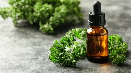 Green Herbal Essence in a Brown Glass Bottle with Fresh Parsley Leaves