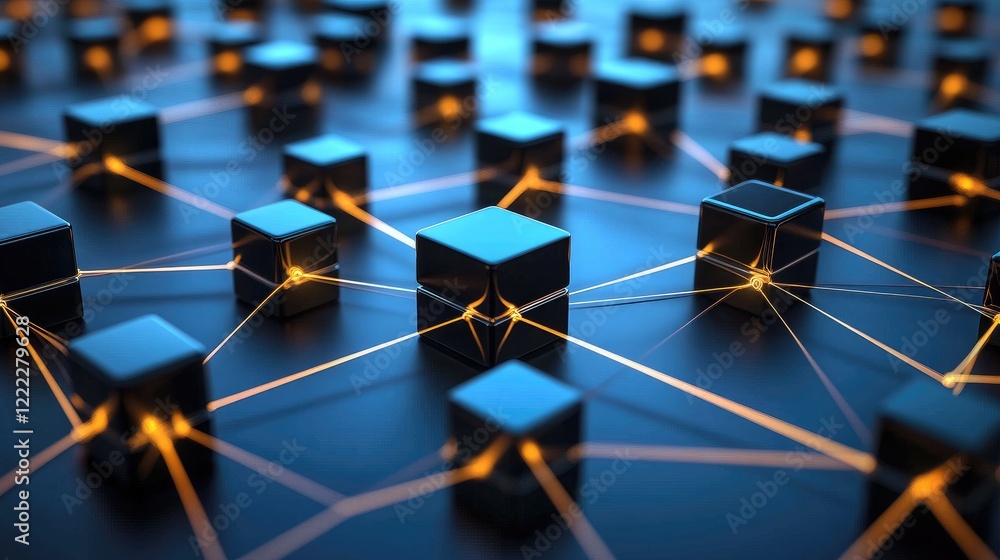 Poster a 3d concept of blockchain technology with glowing cubes and interconnected lines.