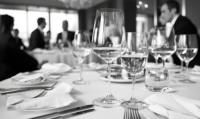Wine glasses on a table at a formal business dinner event in a restaurant