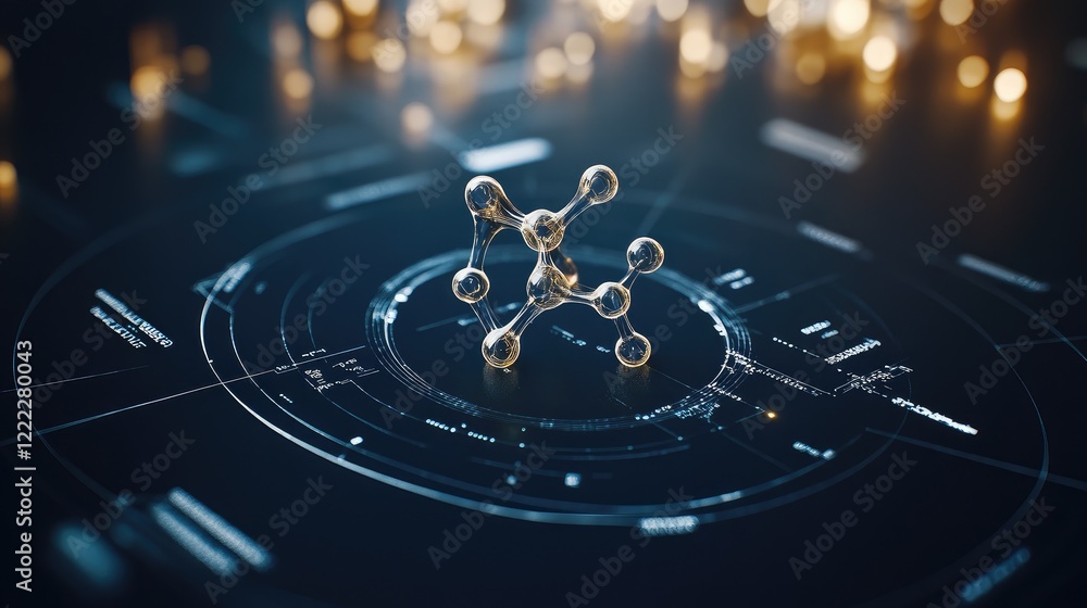 Aufkleber a 3d rendering of a molecular structure surrounded by data overlays and technical schematics.