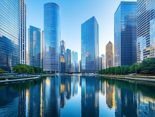 Fototapeta premium City Skyline Dominated by Tall Glass Skyscrapers Reflecting Sunrise, Modern Urban Architecture with Futuristic Aesthetic in a Serene Morning Glow