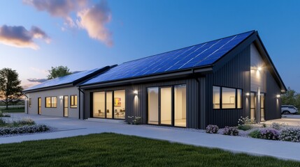Fototapeta premium Modern eco-friendly house with solar panels at dusk, surrounded by landscaped garden and driveway