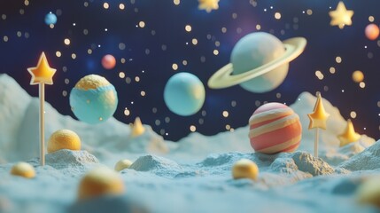 Naklejka premium Colorful Fantasy Scene with Planets and Stars in Outer Space Landscape