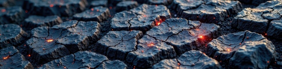 Fototapeta premium Rough, dark lava rock with cracked earth surface, hot, dry, rock