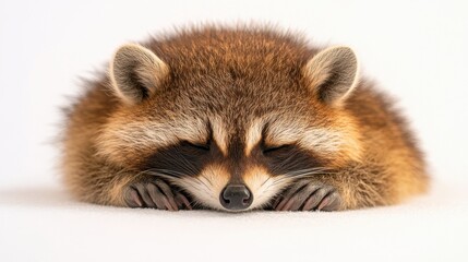 Fototapeta premium Adorable Sleeping Baby Raccoon Resting on Soft White Surface