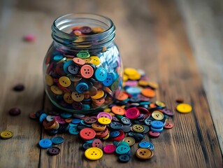 colorful buttons spilled from jar, wooden background, vibrant colors