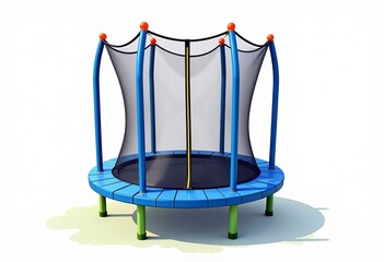 Boys' Trampoline Clipart, Watercolor, Blue Frame, Dark Gray Mat, Gray-Blue Safety Net, Red Caps, Green Legs, Playful Design, Isolated White Background, Vibrant, Playground.
