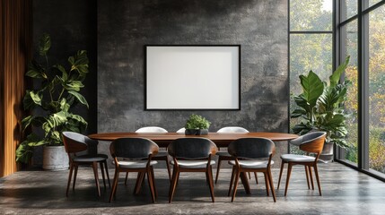 Modern conference room with large table and green plants