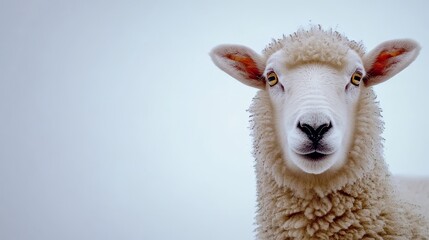 Fototapeta premium Close-up of a curious sheep's face against a soft, blurred background, conveying tranquility and nature
