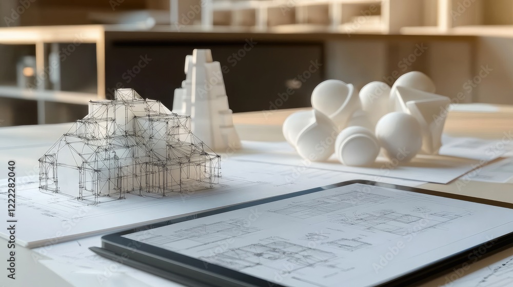 Poster a clean workspace image featuring cad designs and 3d models on a digital tablet.