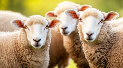Fototapeta premium Three sheep standing closely together in a lush green field, with a soft-focus background of nature
