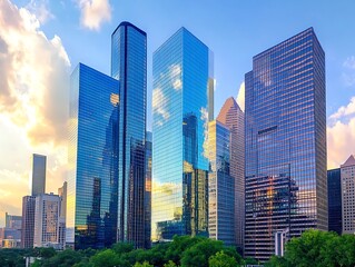 Fototapeta premium City Skyline Dominated by Tall Glass Skyscrapers Reflecting Sunrise, Modern Urban Architecture with Futuristic Aesthetic in a Serene Morning Glow