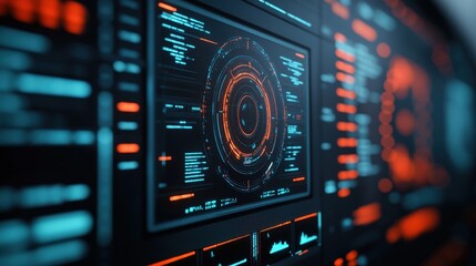 Fototapeta premium Futuristic Digital Interface Display with Circular Graphic Elements and Data Visualizations in Blue and orange hues