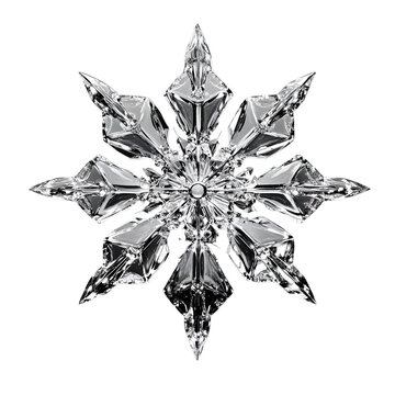 View of a pristine, flawless snowflake with sharp crystal edges, isolated on a white transparent background