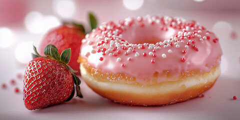 Delicious pink frosted donut with sprinkles next to fresh strawberries on a pastel backdrop