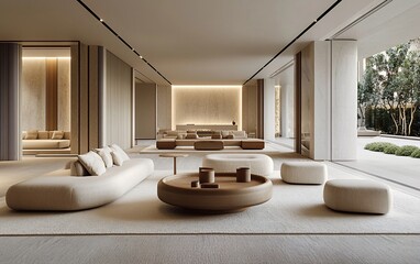 Minimalist beige lounge with modern furniture, large windows, and outdoor view.