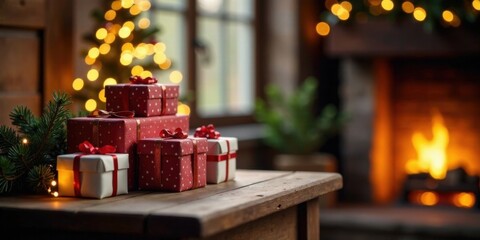 Festive Red and White Wrapped Gifts on Rustic Wooden Table Near a Cozy Fireplace with a Decorated Christmas Tree in the Background