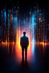 A person in a vibrant digital landscape.