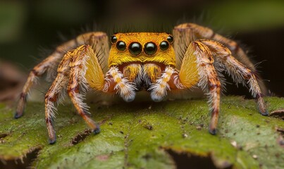 Fototapeta premium Yellow jumping spider on green leaf, macro view of colorful arachnid