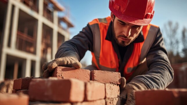 A close-up of a construction worker in a red hard hat and reflective vest, laying bricks with care and looking towards the camera, Construction site scene