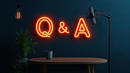 podcast with The "Q & A" yellow neon sign on the wood table with mic and coffee, concept for question and answer
