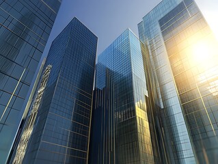 Fototapeta premium City Skyline Dominated by Tall Glass Skyscrapers Reflecting Sunrise, Modern Urban Architecture with Futuristic Aesthetic in a Serene Morning Glow