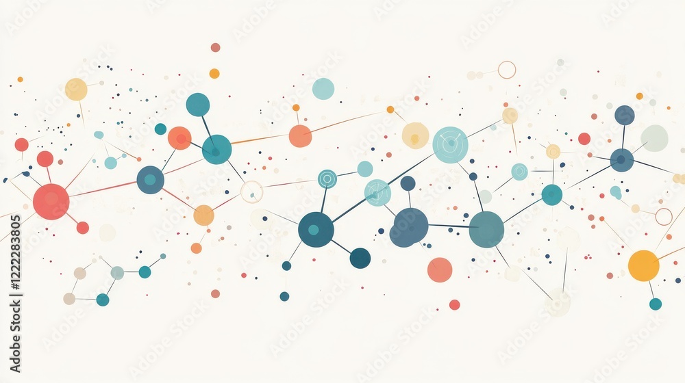 Poster abstract network of colorful circles and dots on light background