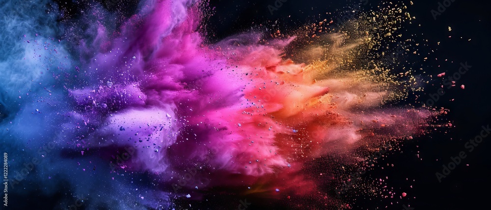 Poster vivid explosion of multicolored powder bursting against deep black background – dynamic and colorful