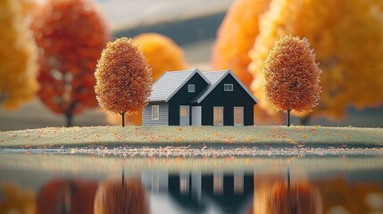 In the spring, there is an black and white house on top of green, grassy hills with colorful trees around it.