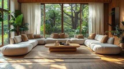 Fototapeta premium modern sectional sofa and coffee table in minimalist living room with large windows and lush greenery