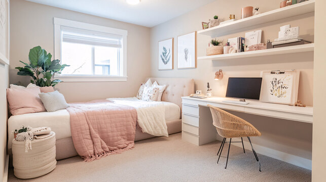 cozy minimalist bedroom with pink bed and white desk