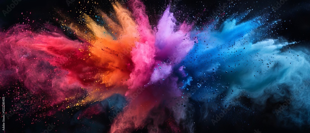 Poster vivid explosion of multicolored powder bursting against deep black background – dynamic and colorful