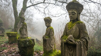 Obraz premium A foggy grove where moss-covered stone statues stand silently among twisted trees, exuding an eerie, otherworldly aura