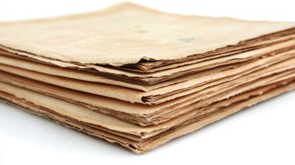 Stacked Antique Papers with Weathered Edges on White Background