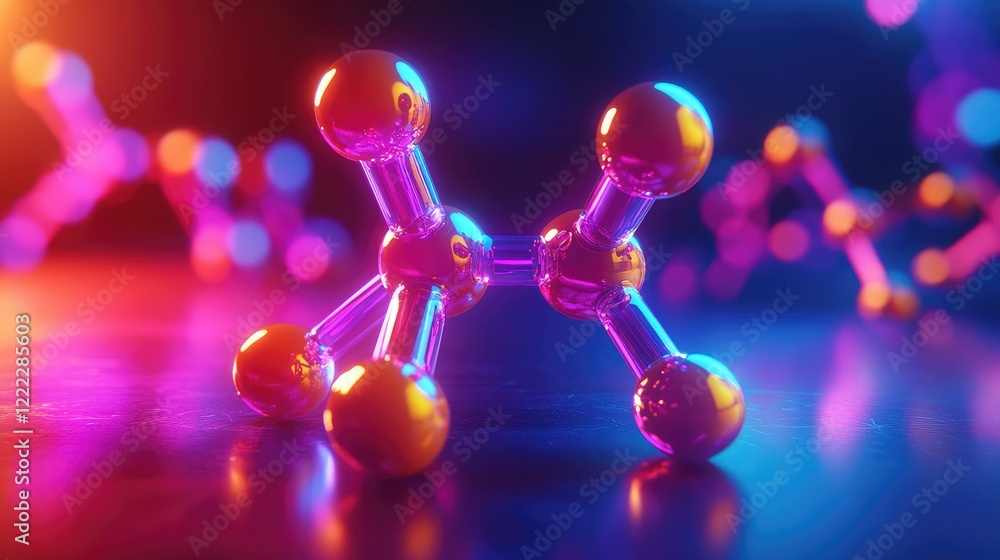 Poster a futuristic 3d rendering of interconnected molecular structures glowing with neon colors.