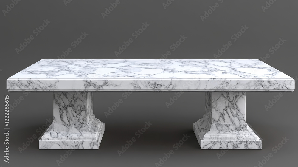 Poster white marble table top, stone display stand. vector realistic mockup of empty shelf, kitchen counter