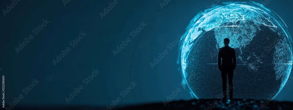 Aufkleber businessman standing in front of digital globe with a network connection concept in dark environment