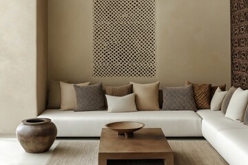 Generative AI, Minimalist Moroccan-Inspired Living Room with Warm Elegance and Cultural Charm