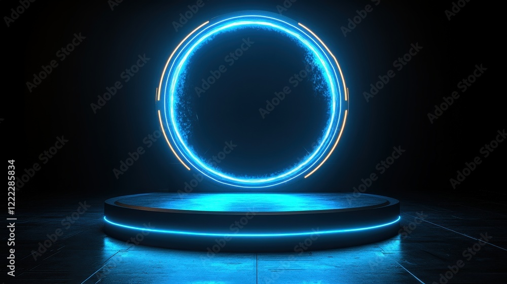 Poster circular light illuminating dark space creating a contrast of brightness and shadows in a minimalist
